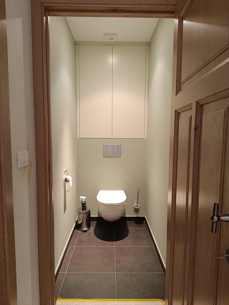 Toilet met groene accentwand en witte sanitair